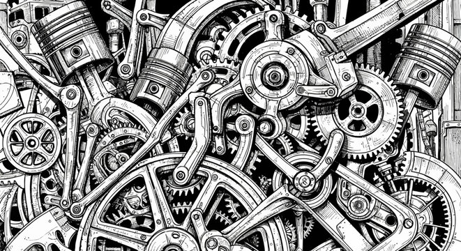 Detailed hand-drawn illustration of intricate mechanical gears, pistons, and engine parts in a complex industrial steampunk style