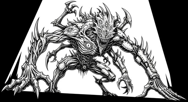 Terrifying Multi-Limbed Monstrous Creature Illustration, Grotesque Fantasy Horror Alien Beast with Sharp Claws and Spikes
