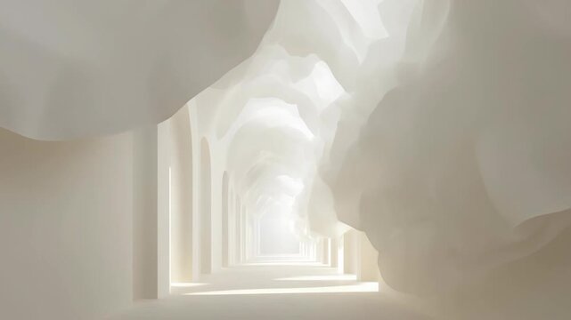 A serene corridor with soft, flowing white fabric draping from the ceiling. The light creates a calm and ethereal atmosphere.