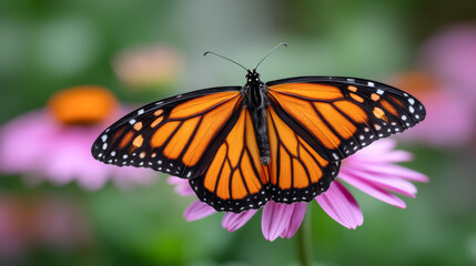 Fototapeta premium Vibrant butterfly resting on a flower in a lush garden setting