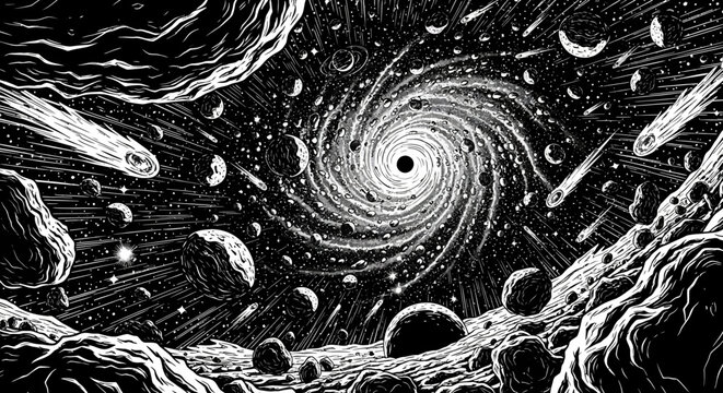 Powerful black hole vortex surrounded by flying asteroids and comets in a dramatic monochrome space illustration