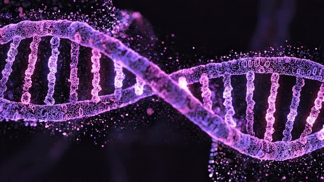 High-resolution 3D visualization of a glowing purple DNA double helix with suspended particles, highlighting molecular structure, nucleotides, and genomic strands for research
