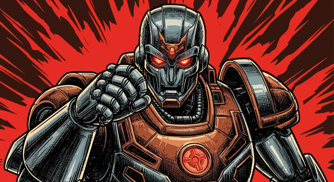 Powerful futuristic robot with glowing red eyes and metallic armor in a dynamic, comic book style illustration, symbolizing advanced AI and technology.