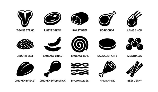 Meat product icons showing assorted cuts and processed items
