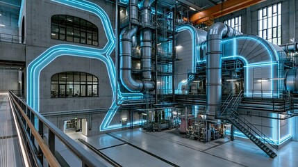 Fototapeta premium Industrial Interior with Neon-Lit Pipes and Staircase