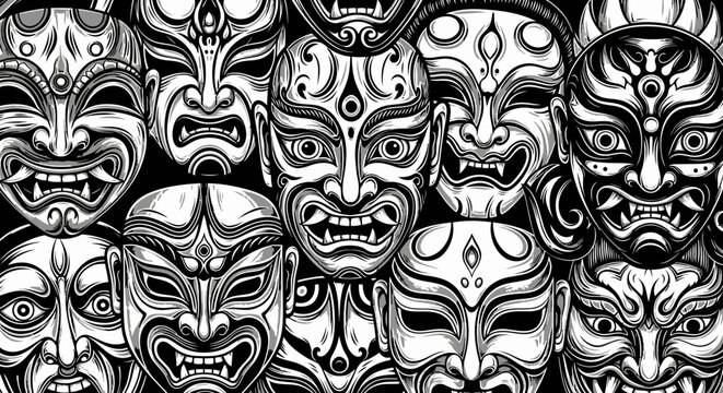 Intricate monochrome seamless pattern of stylized traditional masks with fierce expressions and ornate details, vector graphic art