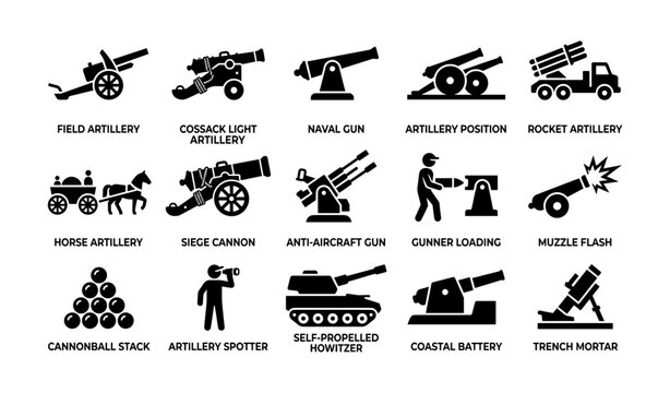 Artillery and cannon icons displayed in grid on white background