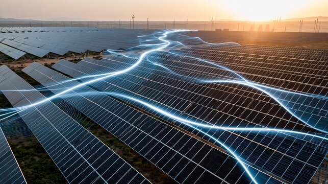 Electric Currents Flowing Through Solar Panels at Sunset