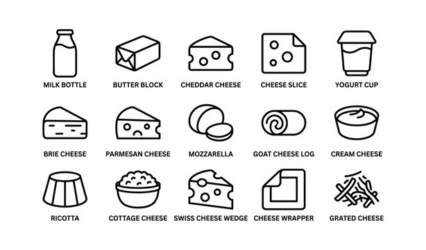 Dairy product icons depicting various cheese and yogurt items