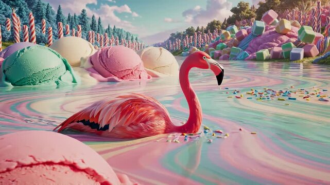 Surreal pastel candyland with a vivid pink flamingo gliding through a glossy swirled lagoon, surrounded by oversized ice cream scoops, candy cane trees and marshmallow hills