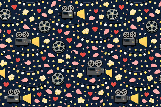 Colorful pattern with movie cameras, film reels, hearts, and popcorn on a dark background creates a fun atmosphere for film lovers
