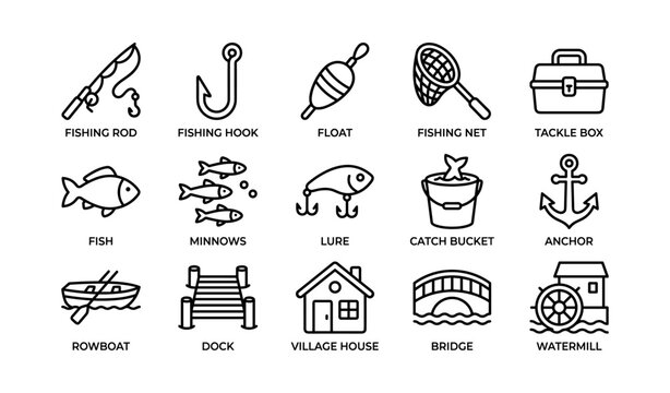 Fishing and boating icons showing tackle and watercraft symbols