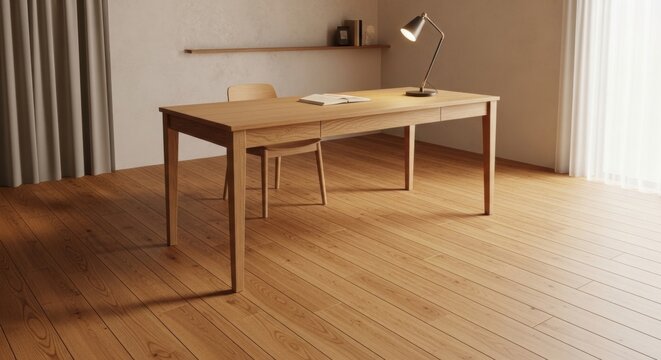 Warm wooden workspace with long desk, chair and task lamp on hardwood floor for rustic office background and interior styling