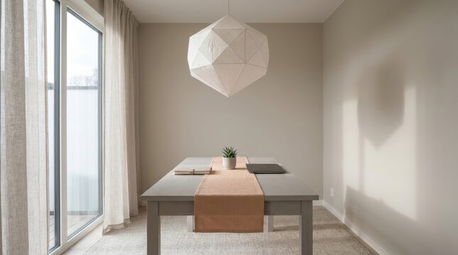 Bright dining room with geometric pendant light, table runner and sliding glass doors for minimalist dining background and interior decor