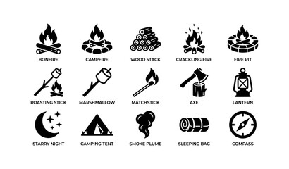 Obraz premium Camping icons showing campfire, tent and outdoor gear