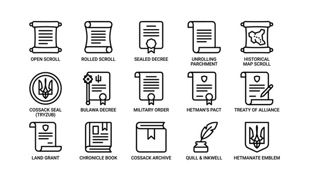 Historical scroll and document icons representing decrees and records