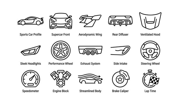 Automotive performance icons showing car parts and accessories