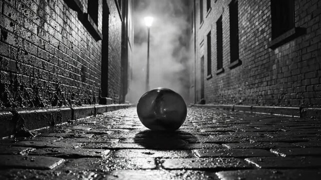 Black and white time-lapse of a deflating balloon in a wet, dark alleyway with fog and street light