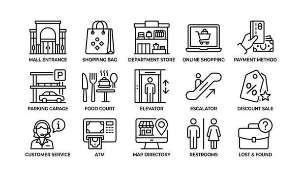 Mall and retail service icons arranged in grid on white background