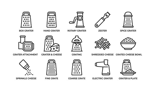 Various grater types and cheese icons shown in grid