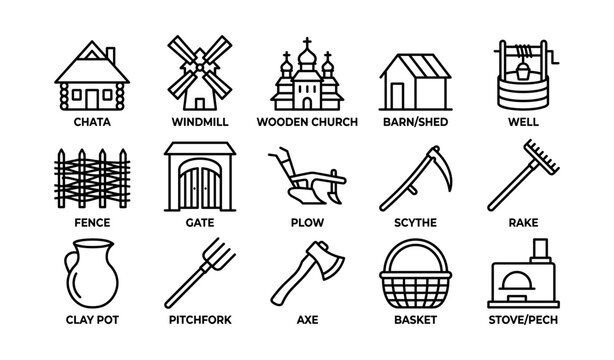 Traditional rural buildings and farming tool icons in grid