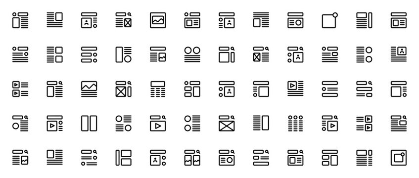 Wireframe icon set. Minimal line art vector pack. UI wireframe collection. Includes layout, grid, structure, placeholder, prototype, outline, design, blueprint and more.