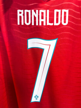 Lisbon, Portugal. May 12, 2026. Back view of the red Portugal national football shirt showing the name Ronaldo and number seven.