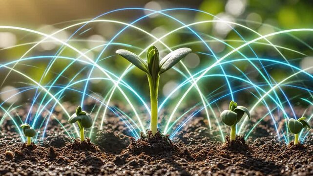 Smart agriculture concept with glowing lines connecting young plants in fertile soil, symbolizing growth and technological integration in farming.
