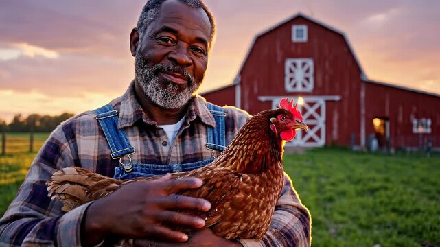 Smiling farmer holding a brown hen in his arms on a green pasture at golden hour with a red barn and sunflare in the background, a warm rural homestead scene