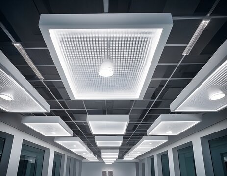 white square led down lights are installed in an office interior showcasing the modern design and lighting featuring suspended white square tiles on high ceilings generative ai