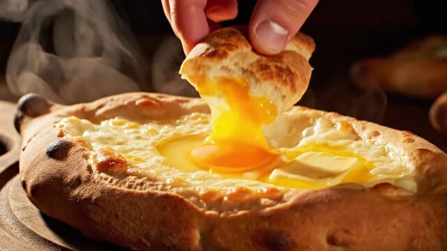 Steaming hot bread boat filled with melted cheese, a raw egg yolk, and a melting pat of butter, traditional oven-baked pastry food.