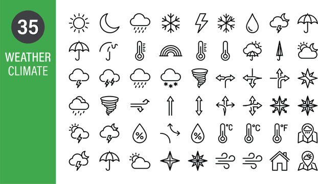 Set of 35 Weather and Climate Icons featuring Editable Stroke Line Art for Forecasting, Temperature Monitoring, and Atmospheric Conditions