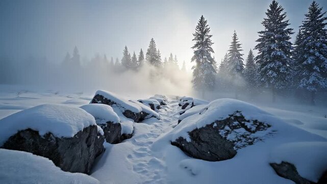 Snow-covered rocky trail leading through a misty conifer forest at sunrise, with soft sunbeams filtering through fog, footprints in powder and tranquil winter wilderness atmosphere