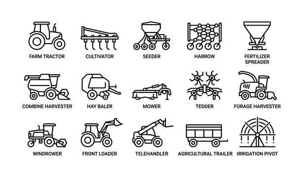 Line of agricultural machinery icons arranged on white background