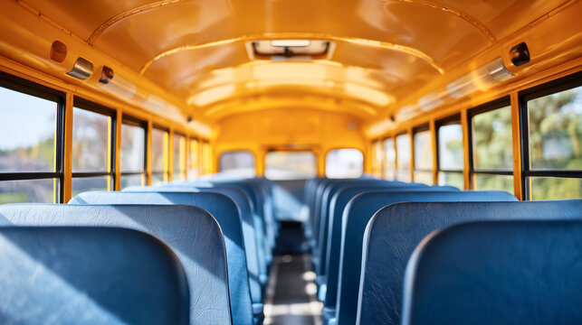 Empty school bus interior with blue seats and sunlit windows