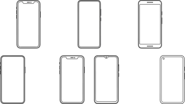 Set of 7 Smartphone Wireframe Icons featuring Various Modern Mobile Device Designs and Screen Layouts for UI/UX Mockups and App Development