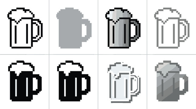 Collection of 8 Pixel Art Beer Mug Icons in Grayscale and Monochrome Styles for Retro Gaming, Pub Signage, and Digital UI