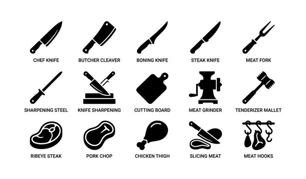 Butchery knives and meat processing tools icons on white background