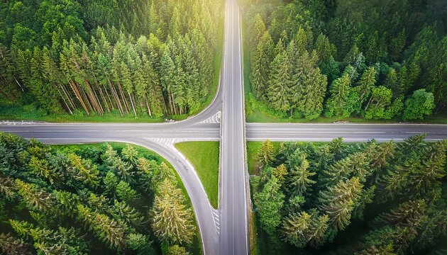 two roads merge into one through dense green forest aerial view peaceful natural landscape intersection travel concept