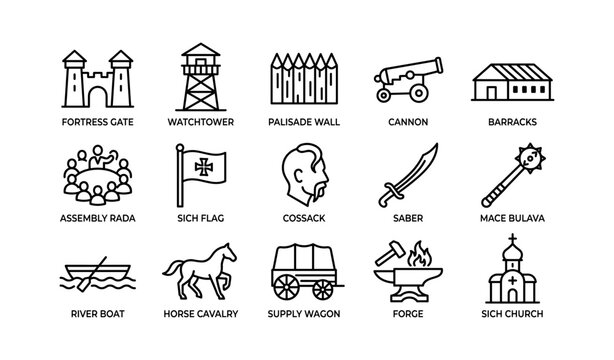 Cossack era military and fortification icons on white background