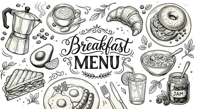 Comprehensive Hand-Drawn Breakfast Menu Illustration featuring Coffee, Croissants, Eggs, Bagels, and Avocado in a Vintage Engraving Style for Cafes and Bistros