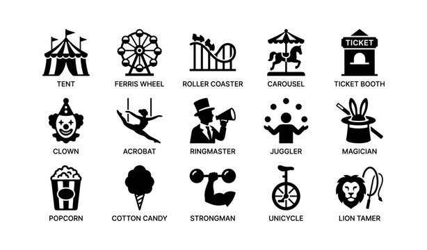 Carnival and circus icons showing rides performers and concessions