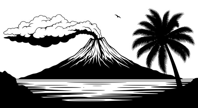 Black and white illustration of an erupting volcano on a tropical island