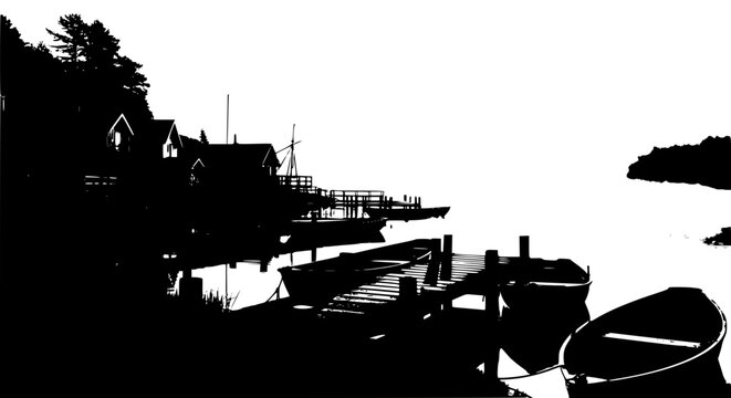 Black and white silhouette of boats moored at a rustic lake dock