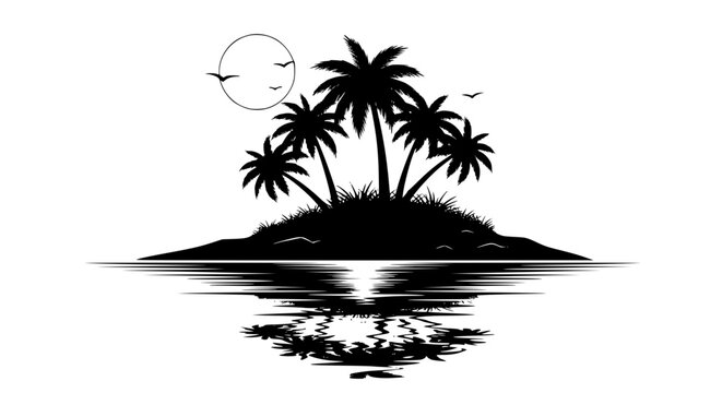 Black and White Silhouette of a Tropical Island with Palm Trees and Sun