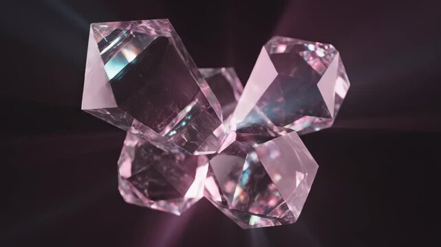 Close-up of floating faceted pink crystal polyhedra clustered together with reflective glass surfaces and refracted cyan-magenta light beams against dark elegant studio background