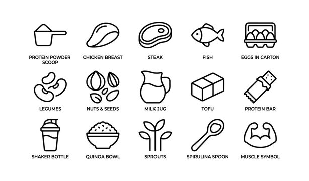 Protein and plant food icons arranged in a grid layout