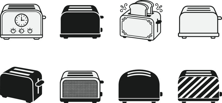 Collection of 8 Toaster Icons in Various Styles including Minimalist, Retro, Line Art, and Decorative Flat Designs for Kitchen and Breakfast Branding