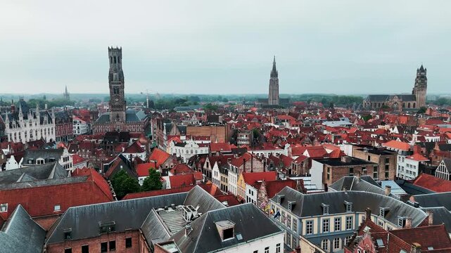 Bruges Skyline Aerial View with Belfry Tower and Medieval Architecture, Flanders, Belgium