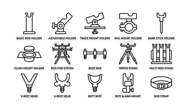 Fishing rod holder icons arranged in grid on white background